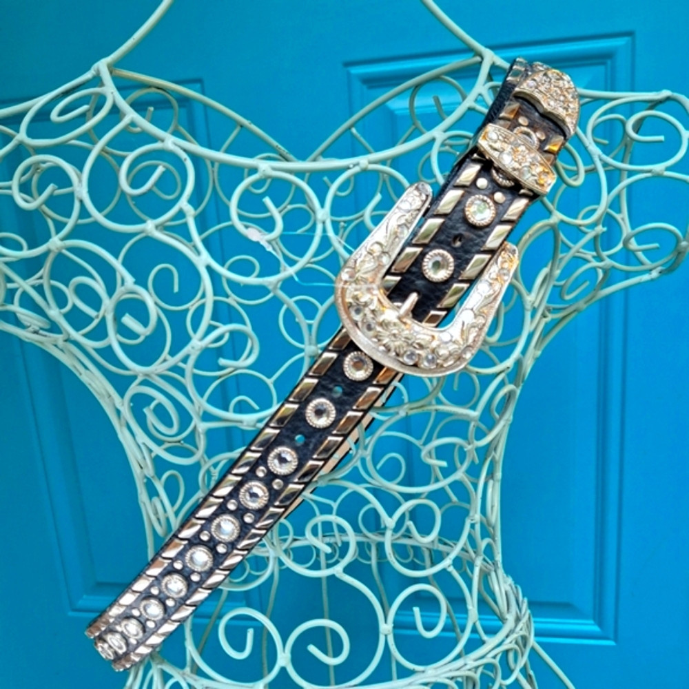 Studded Leather Belt Metal Rivets Silver Crystal Studs Womens italian Western - Picture 4 of 17